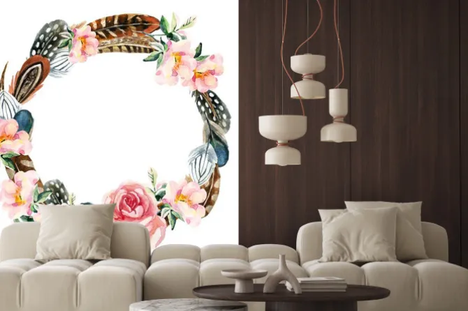 Naklejka: Akwarela wieniec z ptasich piór i kwiatów