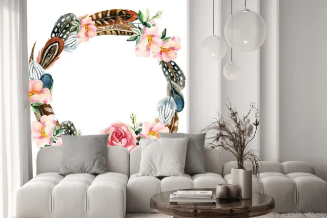 Naklejka: Akwarela wieniec z ptasich piór i kwiatów