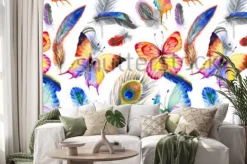 Naklejka: Akwarela wzór pióro ptak od skrzydeł. aquarelle kwiat na tle,