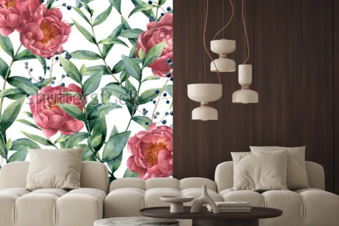 Naklejka: Akwarela wzór z eukaliptusa, piwonii i jagód. wręcza malować