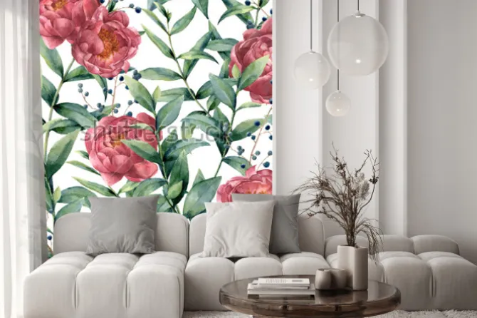 Naklejka: Akwarela wzór z eukaliptusa, piwonii i jagód. wręcza malować