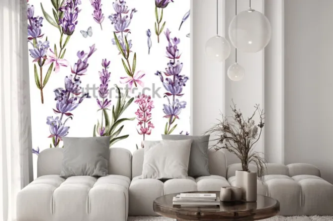 Naklejka: Akwarela wzór z lawendy. malowanie ręczne akwarela. ilustracja