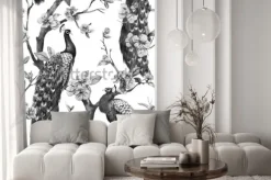 Naklejka: Akwarela, wzór z pawi na drzewie wiśni, kwitnące drzewa, czarno-biały