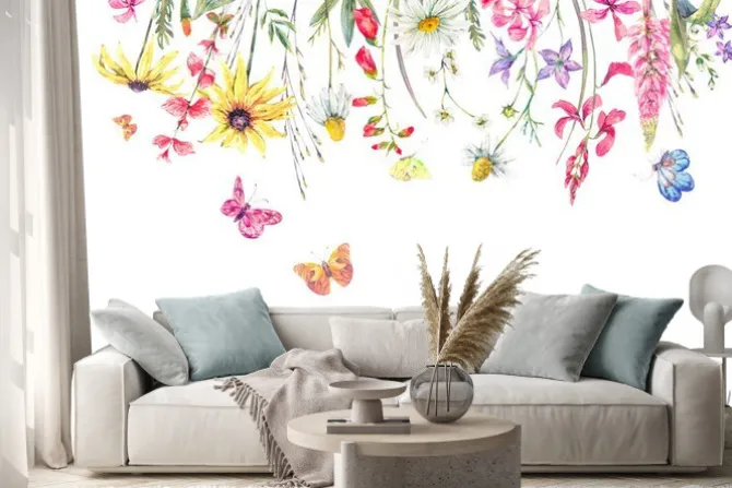 Naklejka: Akwarele łąki ziołowe, rumianek i motyli