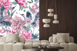 Naklejka: Akwareli natury bezszwowy wzór z żurawiem, różowymi kwiatami