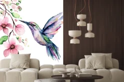 Naklejka: Akwarelowa ilustracja z kolibrem i kwiatami