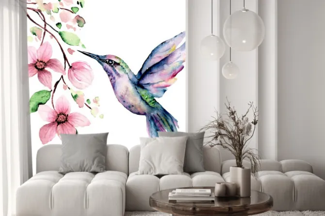 Naklejka: Akwarelowa ilustracja z kolibrem i kwiatami