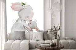 Naklejka: Akwarelowa ilustracja mamy i małego króliczka