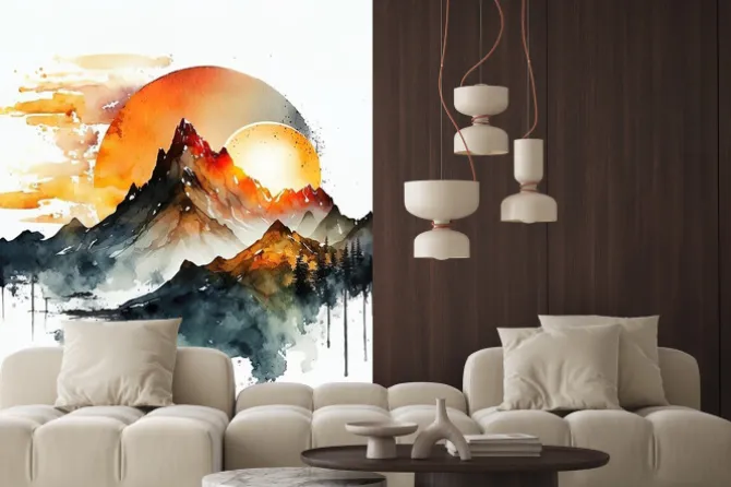 Naklejka: Akwarelowe góry w odcieniach czerni i pomarańczowego