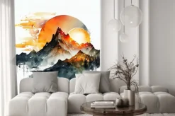 Naklejka: Akwarelowe góry w odcieniach czerni i pomarańczowego