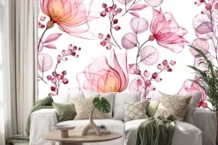 Naklejka: Akwarelowe kwiaty i liście w różowym kolorze