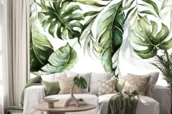 Naklejka: Akwarelowe liście monstery na białym tle