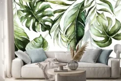 Naklejka: Akwarelowe liście monstery na białym tle