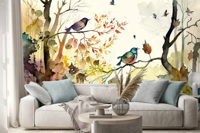 Naklejka: Akwarelowe ptaki w jesiennym lesie