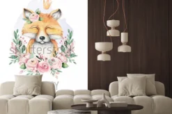 Naklejka: Akwarelowy lisek z koroną i kwiatami dla dzieci