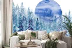 Naklejka: Akwarelowy niebieski las z drzewami iglastymi i księżycem