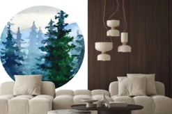 Naklejka: Akwarelowy pejzaż z sosnowym lasem i górami