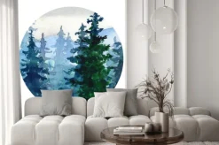 Naklejka: Akwarelowy pejzaż z sosnowym lasem i górami