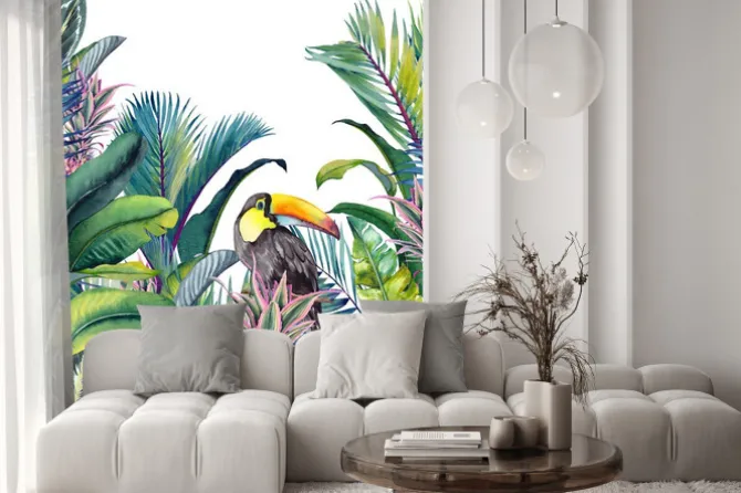 Naklejka: Akwarelowy tukan wśród gęstwiny tropikalnych liści