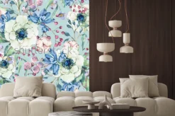 Naklejka: Akwarelowy wzór w kwiaty na błękitnym tle