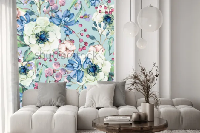 Naklejka: Akwarelowy wzór w kwiaty na błękitnym tle