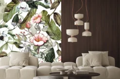 Naklejka: Akwarelowy wzór z tropikalnymi kwiatami i liśćmi