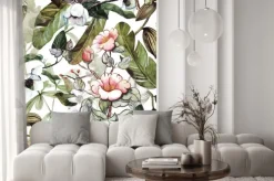 Naklejka: Akwarelowy wzór z tropikalnymi kwiatami i liśćmi