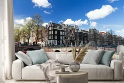 Naklejka: Amsterdam kanał skrzyżowanie z czerwonej łodzi wycieczkowych