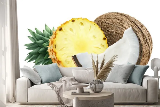 Naklejka: Ananas kawałki kokosa skład 1 odizolowane na białym backgro