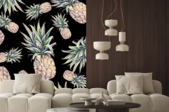 Naklejka: Ananasy na czarnym tle. akwarela kolorowych ilustracji. owoc