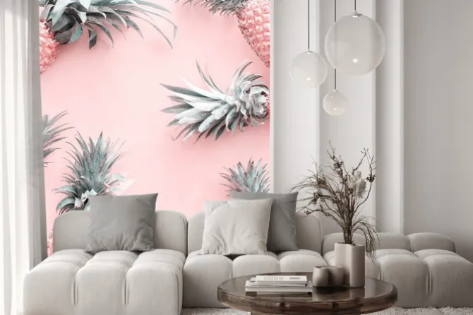 Naklejka: Ananasy na jasnoróżowym tle