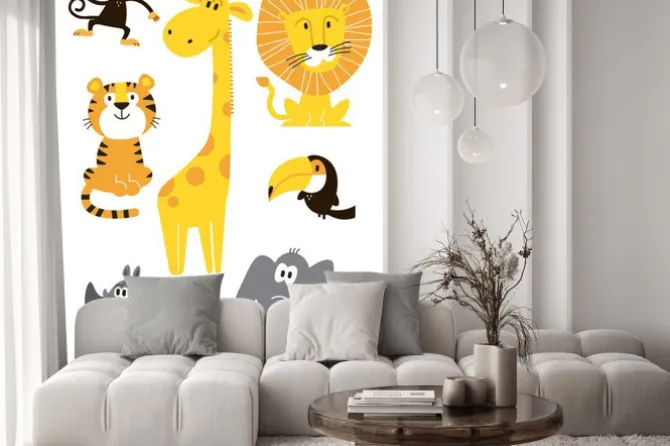 Naklejka: Animals vector set. cartoon monkey, giraffe, lion, hippo, elephant,