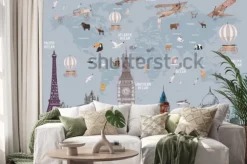 Naklejka: Animals world map and famous landmarks of the world for kids