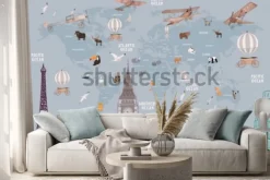 Naklejka: Animals world map and famous landmarks of the world for kids