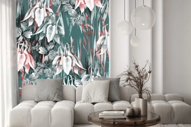 Naklejka: Aquilegia flowers seamless pattern. watercolor background.