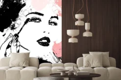 Naklejka: Artystyczna ilustracja kobiety nakładającej makijaż