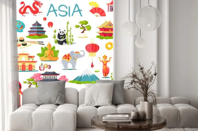 Naklejka: Asia kolekcja symbolicznych elementów na białym