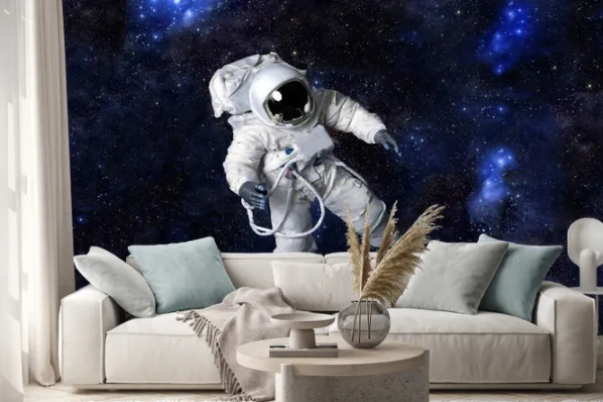 Naklejka: Astronauta pływających w ciemnej przestrzeni.