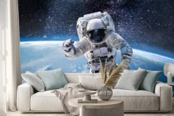 Naklejka: Astronauta w przestrzeni kosmicznej z panoramą ziemi