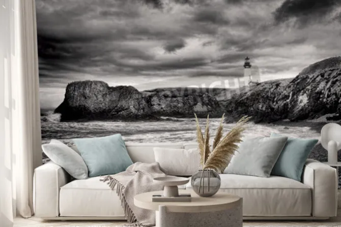 Naklejka: B & w latarnia morska na brzegu w newport, w stanie oregon.