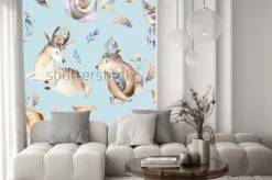 Naklejka: Baby animals nursery isolated seamless pattern with bannies.