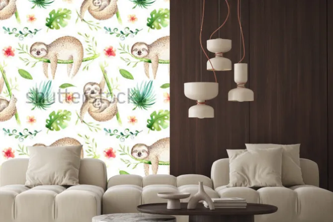 Naklejka: Baby animals sloth nursery isolated seamless pattern. watercolor
