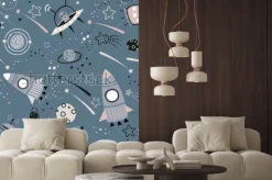 Naklejka: Baby seamless pattern - space, spaceships and planets with stars.