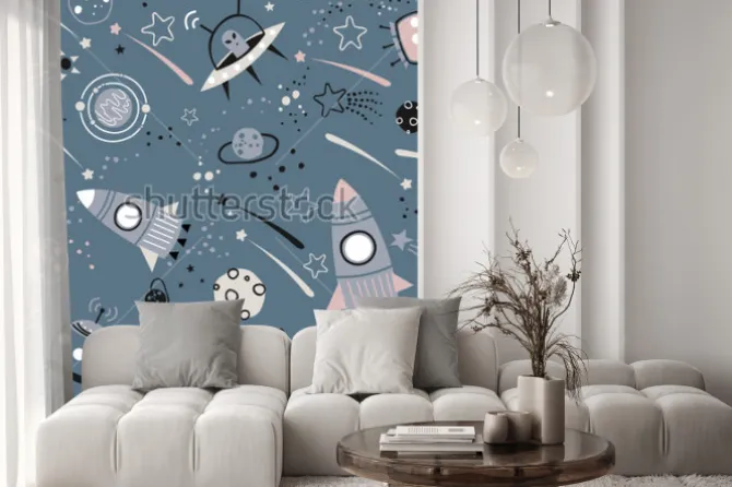 Naklejka: Baby seamless pattern - space, spaceships and planets with stars.