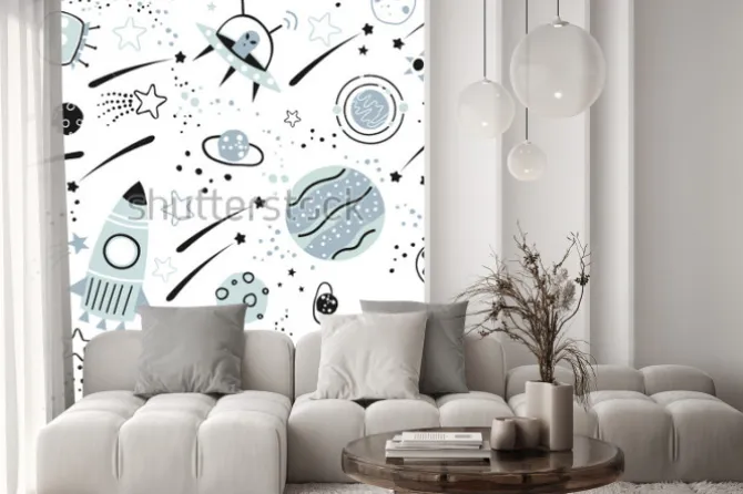 Naklejka: Baby seamless pattern - space, spaceships and planets with stars.