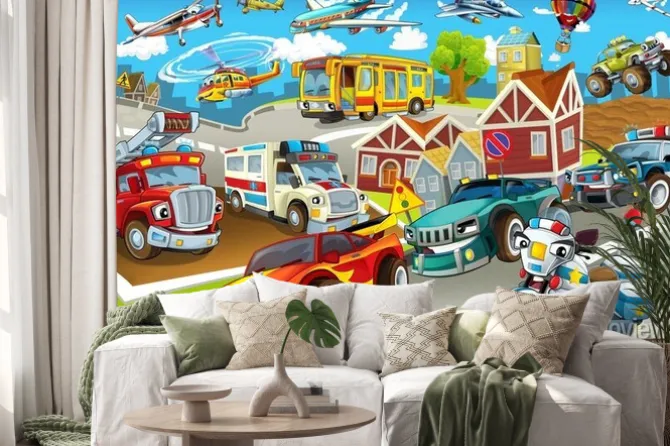 Naklejka: Bajkowe pojazdy w mieście