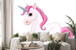 Naklejka: Bajkowy jednorożec z różową grzywą