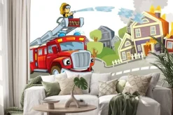 Naklejka: Bajkowy wóz strażacki podczas gaszenia dla dzieci