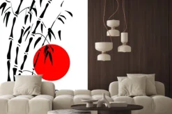 Naklejka: Bambus i czerwone słońce rano.