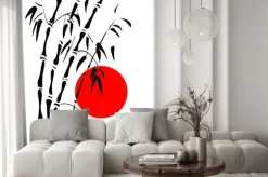 Naklejka: Bambus i czerwone słońce rano.